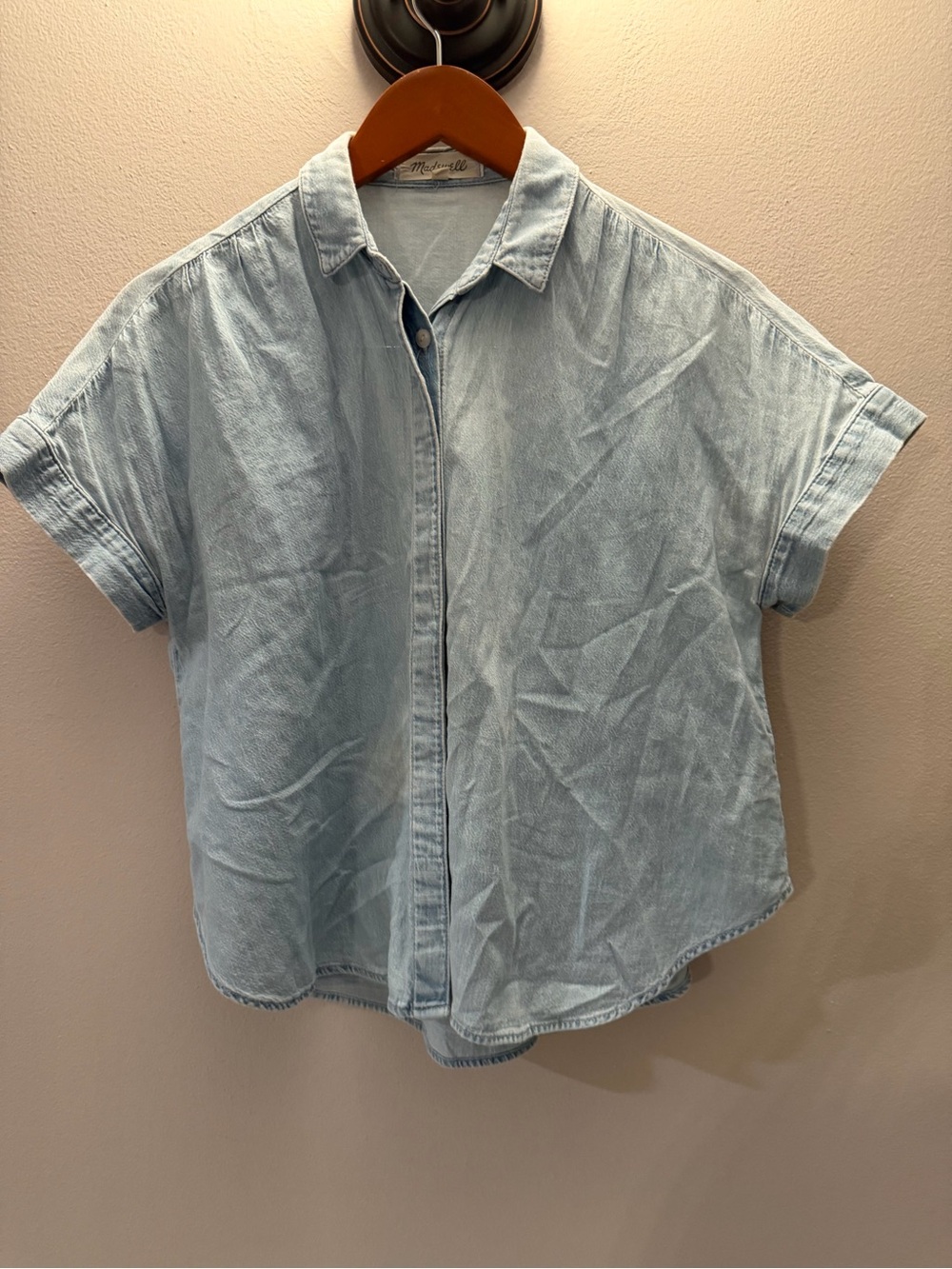 Madewell Womens Light Wash Denim Short Sleeve Button Down Shirt XS Blue